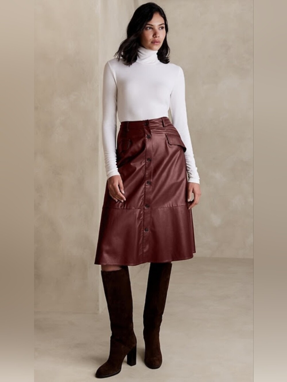 Banana Republic Burgundy Faux Leather Button-Front Midi Skirt